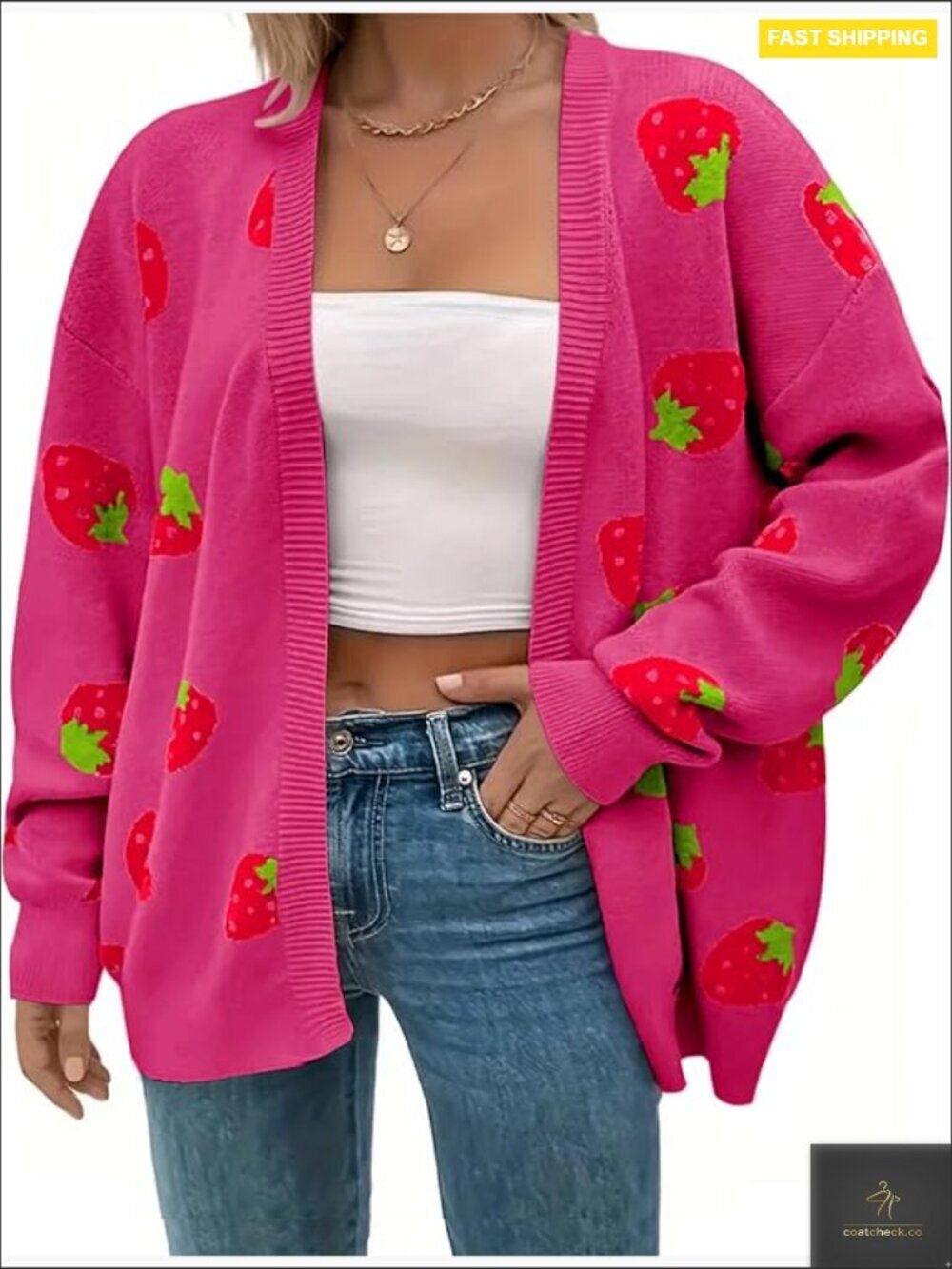 Plus Size Strawberry Floral Print Long Sleeve Open Front Knit Cardigan